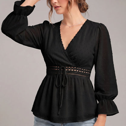 Romantic V-Neck Wrap Blouse with Lace Detailing and Ruffled Sleeves
