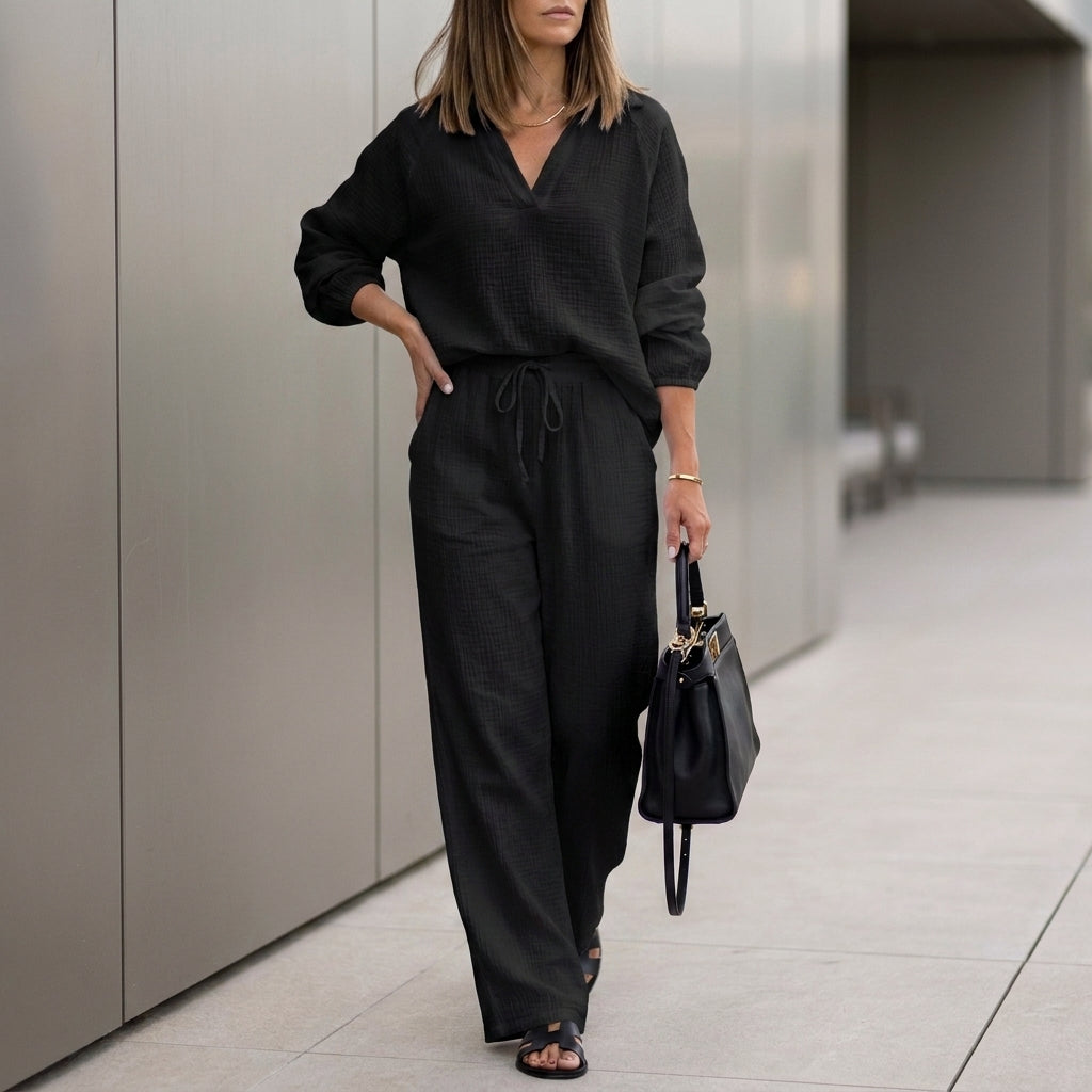Oversized Two-Piece Crinkle-Texture Suit with Relaxed Silhouette and Drawstring Waist