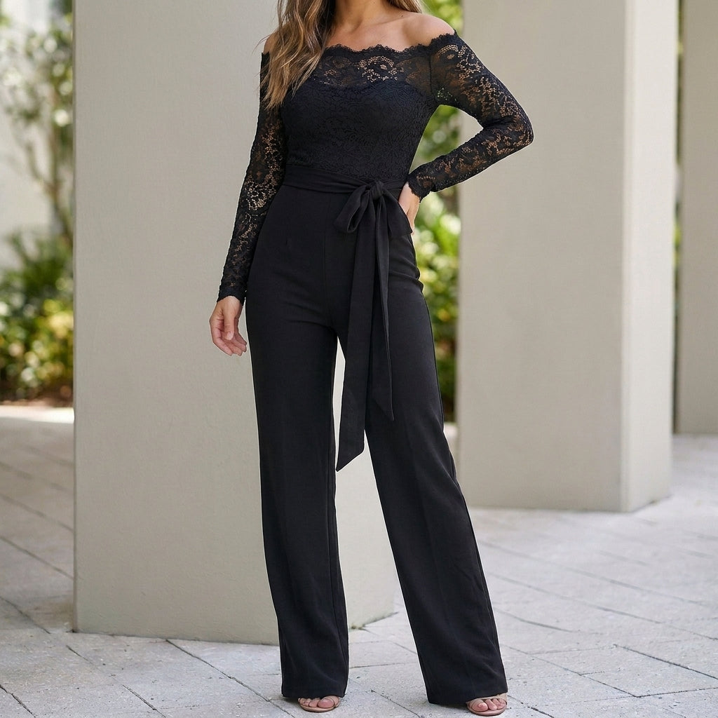 Off-the-Shoulder Lace Bodice Wide-Leg Jumpsuit with Tie Waist