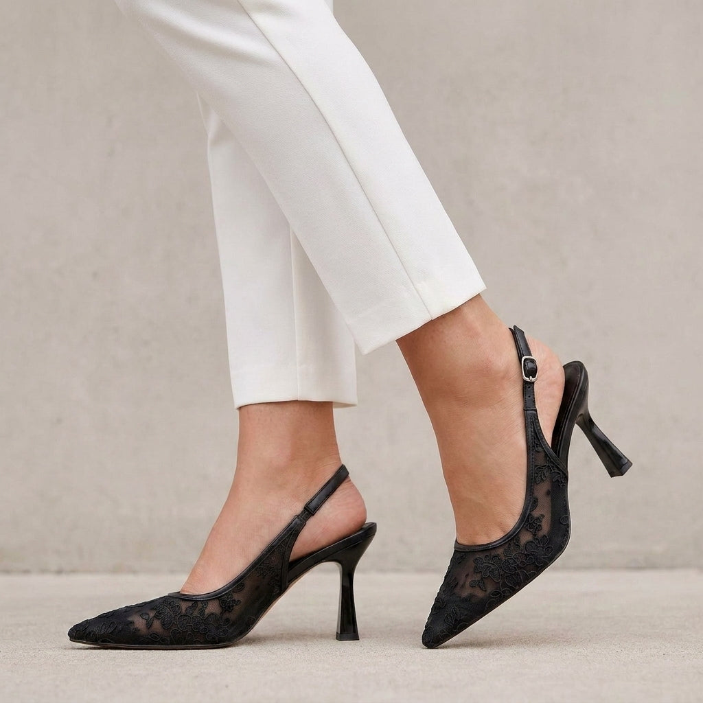 Pointed-Toe Embroidered Mesh Slingback Pumps with Flared Heel