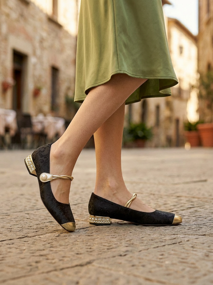 Elegant Brocade Mary Jane Shoes with Pearl-Embellished Metallic Strap