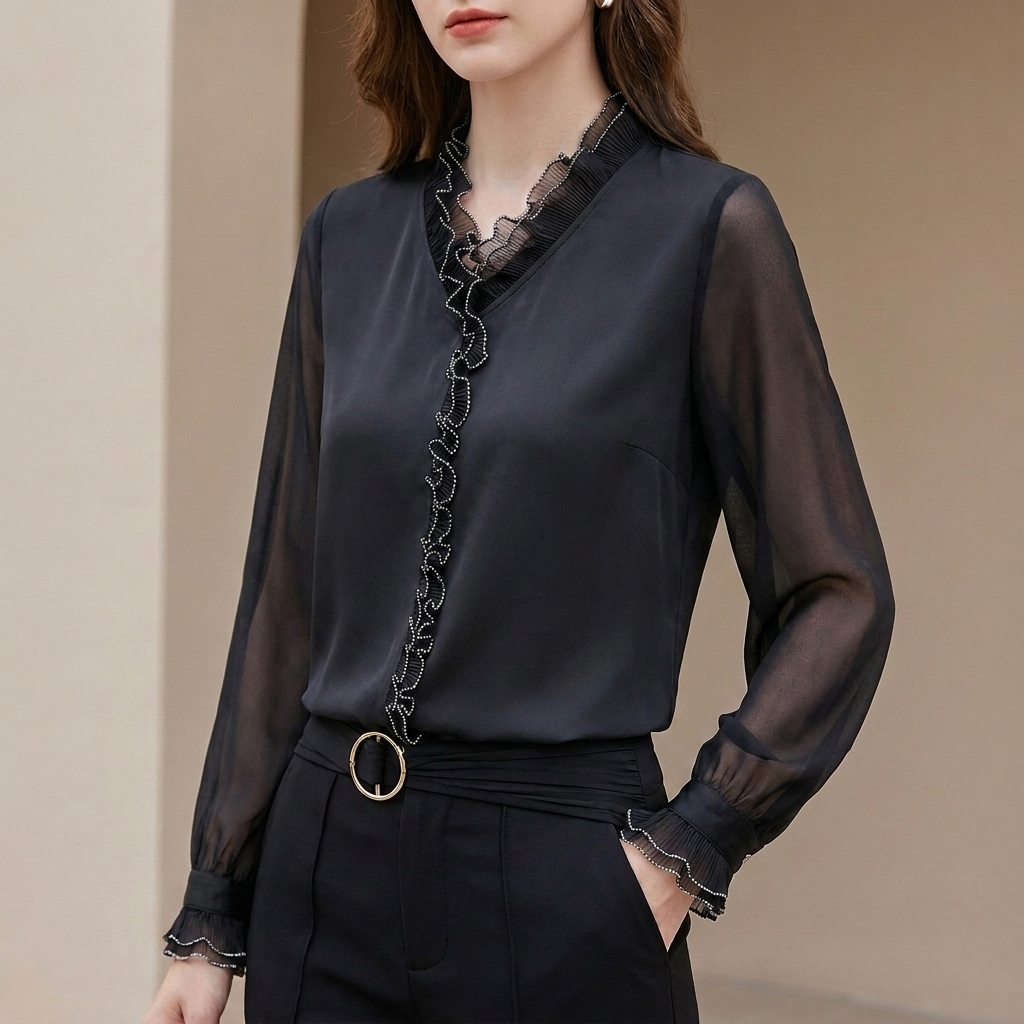 Elegant Long Sleeve Sheer Chiffon Blouse with Ruffled V-Neckline