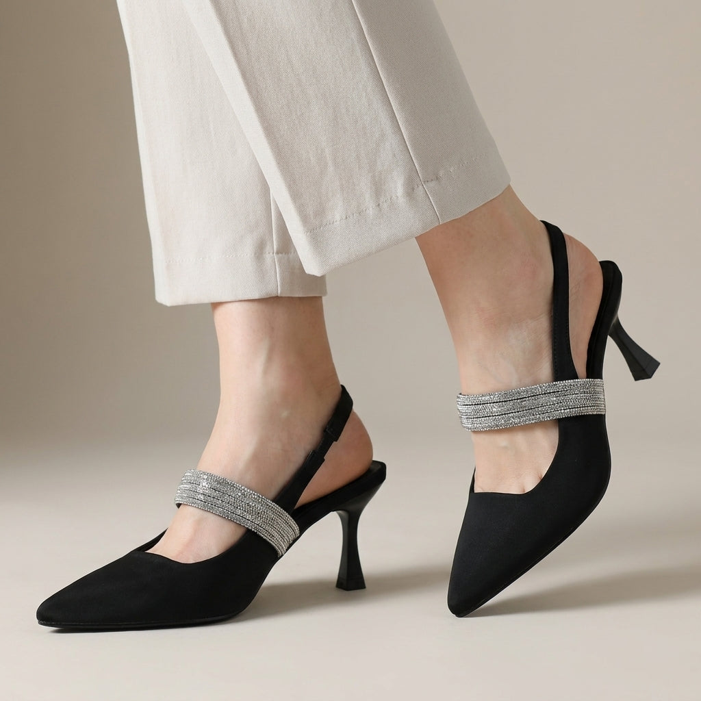 Crystal Strap Pointed Slingback Heels for Evening Elegance