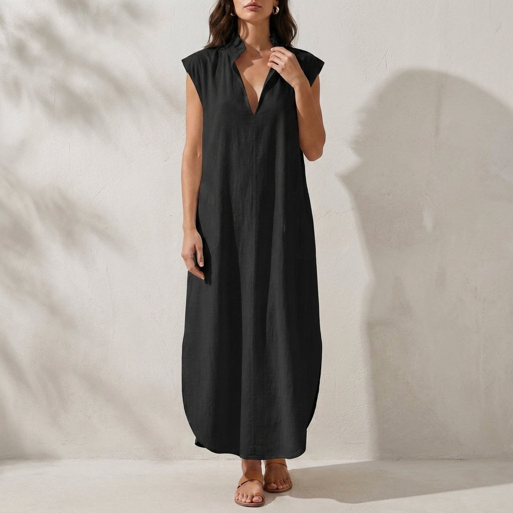 Relaxed Ruffle Collar Midi Dress with Side Pockets