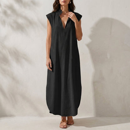 Relaxed Ruffle Collar Midi Dress with Side Pockets