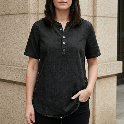 Relaxed Button-Front Denim Look Tunic Top