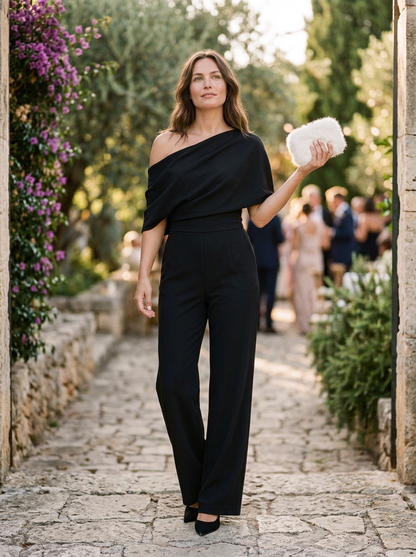 Jovina One-Shoulder Draped Bodice Jumpsuit with Wide-Leg Silhouette