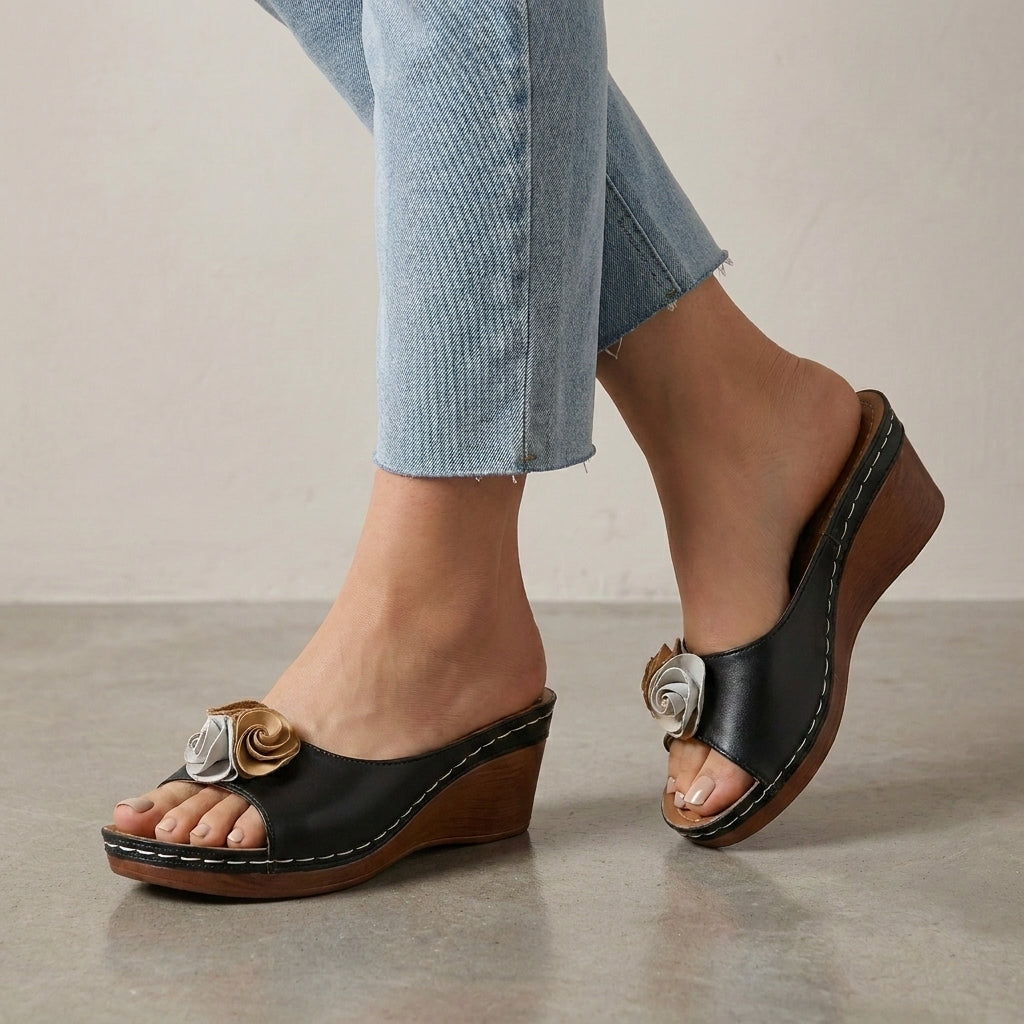 Wedge Slide Sandals with Layered Floral Accent and Cushioned Footbed