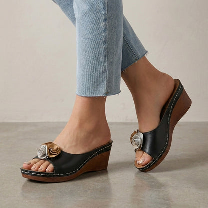 Wedge Slide Sandals with Layered Floral Accent and Cushioned Footbed