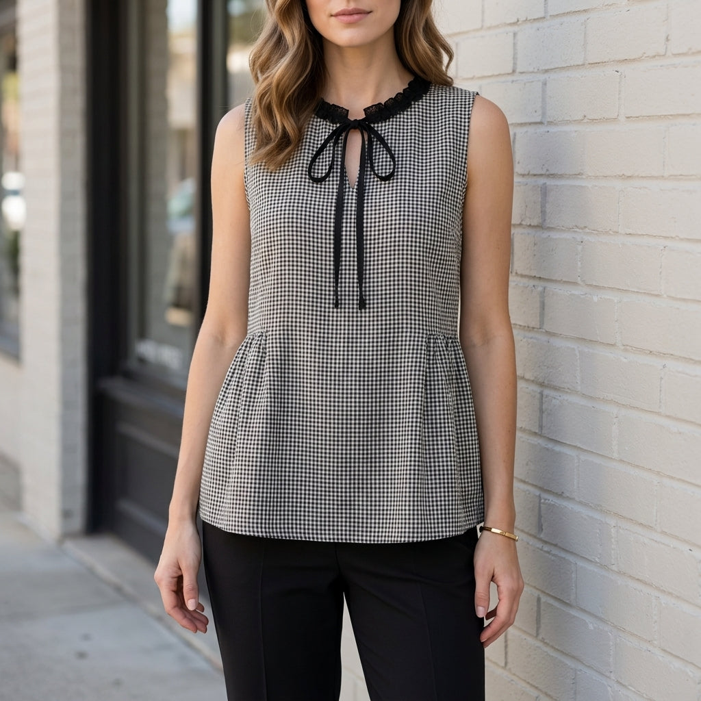 Checkered Peplum Blouse with Romantic Ribbon Tie Neck Detail