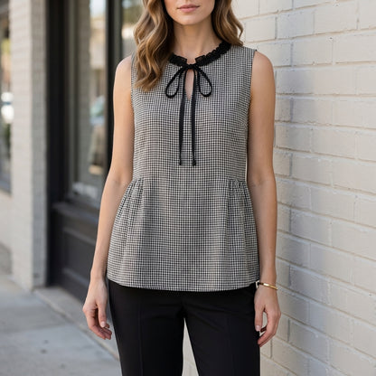 Checkered Peplum Blouse with Romantic Ribbon Tie Neck Detail