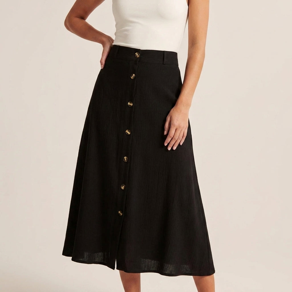 High-Waisted A-Line Maxi Skirt with Button-Front Detail