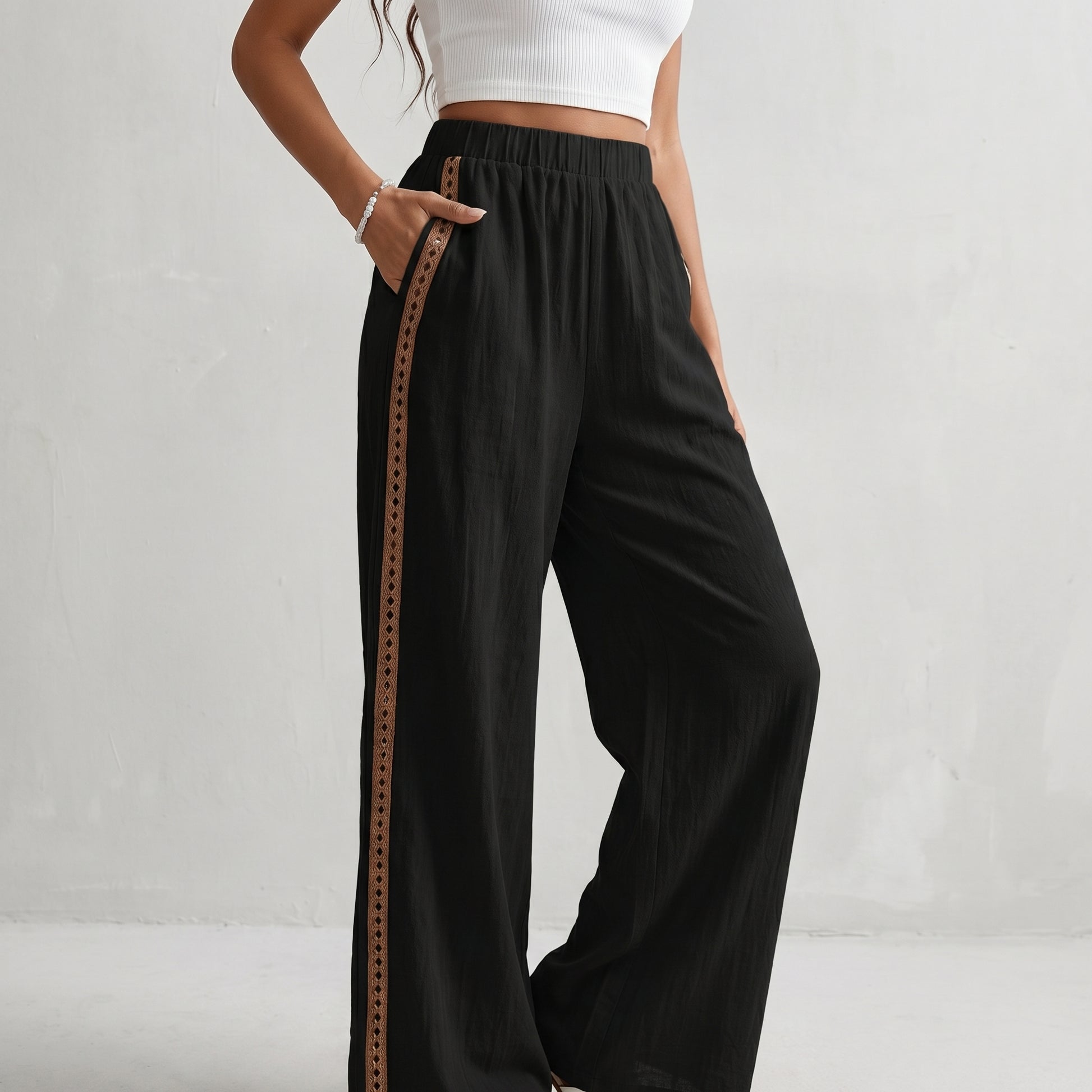 Airy Wide-Leg Trousers with Contrast Eyelet Side Trim