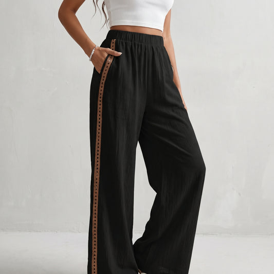 Airy Wide-Leg Trousers with Contrast Eyelet Side Trim