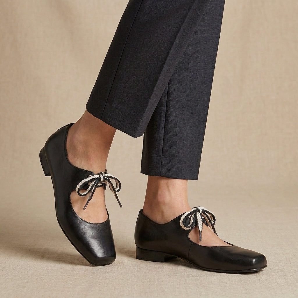 Square-Toe Ballerinas with Braided Lace-Up and Low Block Heel