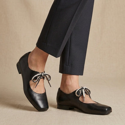 Square-Toe Ballerinas with Braided Lace-Up and Low Block Heel