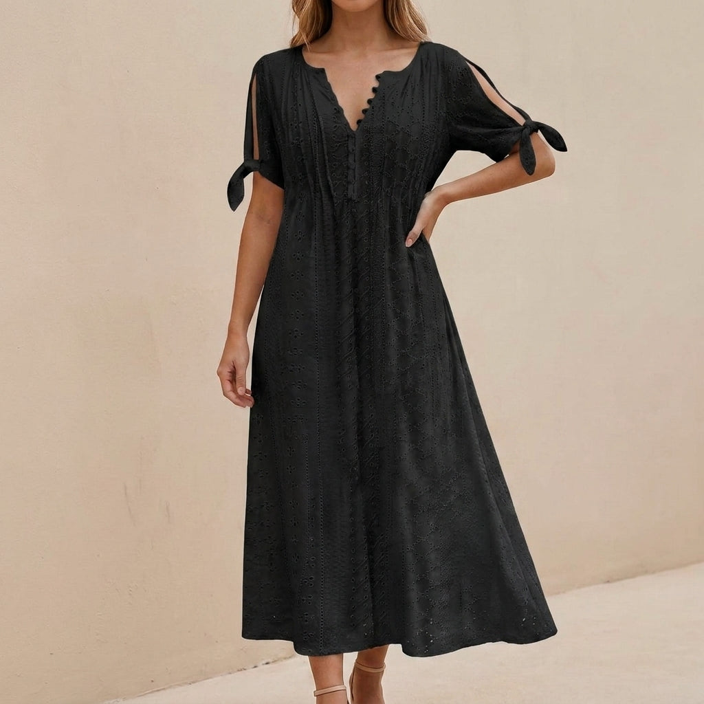 Boho-Inspired Eyelet Embroidered Midi Dress with Scalloped V-Neckline