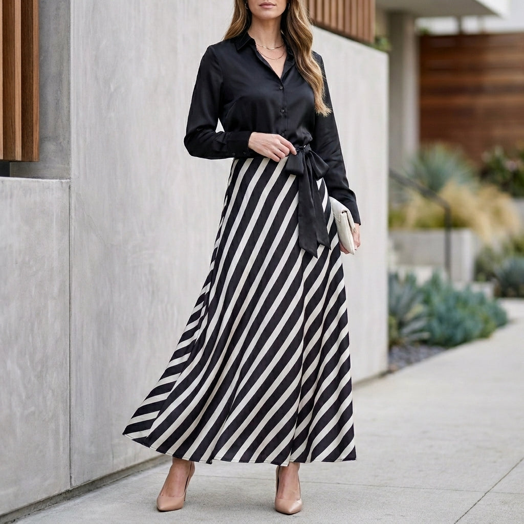 Elegant Shirt-Style Maxi Dress with Pleated Skirt and Waist Tie