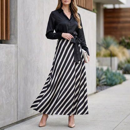 Elegant Shirt-Style Maxi Dress with Pleated Skirt and Waist Tie