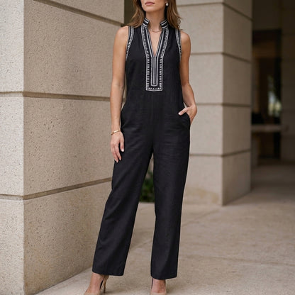 Relaxed Wide-Leg Sleeveless Jumpsuit with Embroidered Stand Collar