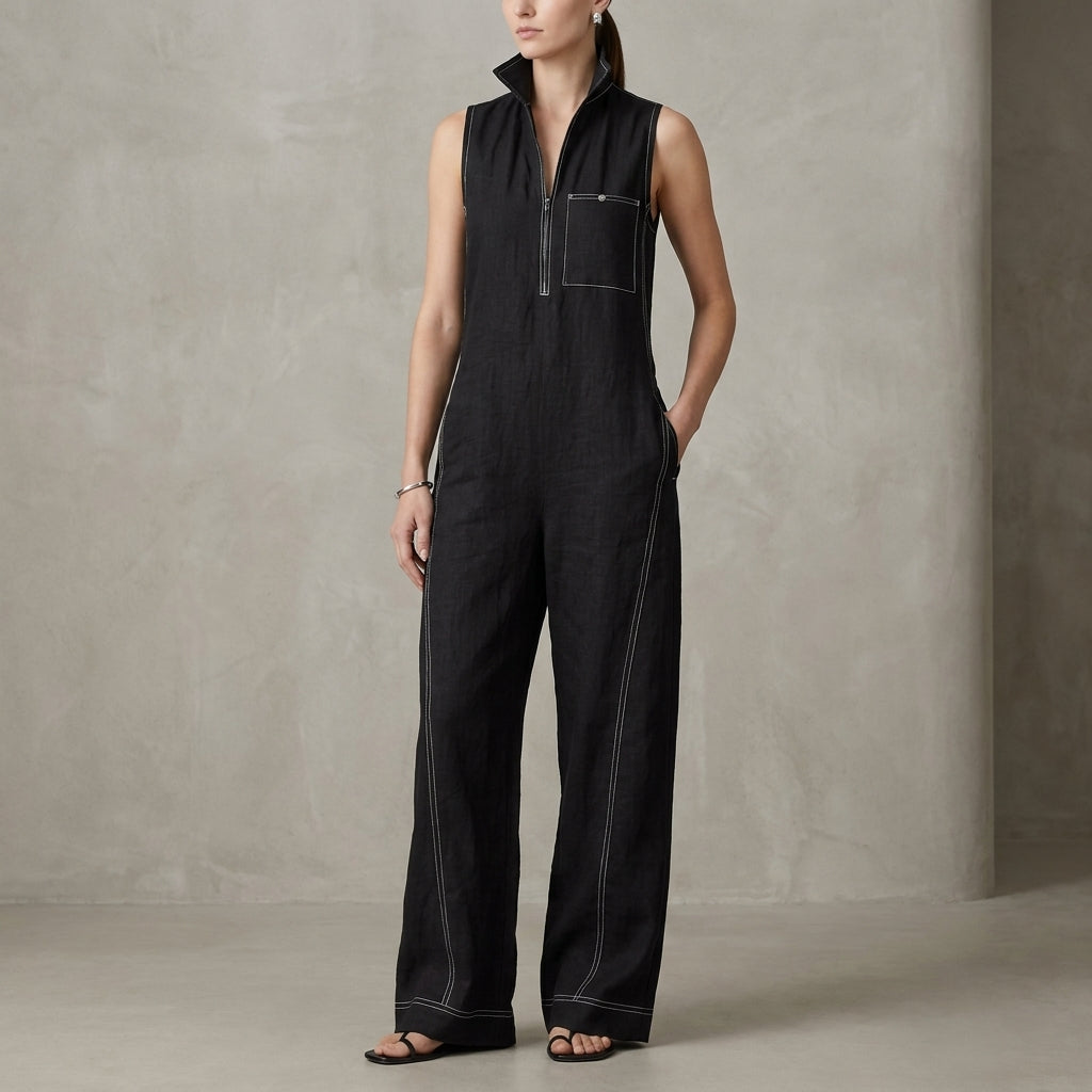 Relaxed Wide-Leg Sleeveless Jumpsuit with Structured Stand Collar