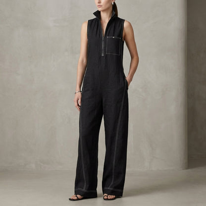 Relaxed Wide-Leg Sleeveless Jumpsuit with Structured Stand Collar