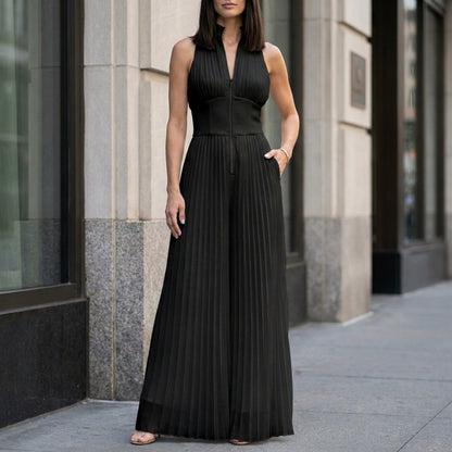 Pleated Halter Wide-Leg Jumpsuit for Effortless Evening Elegance
