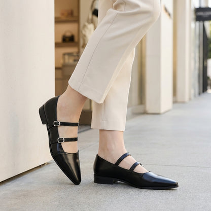 Structured Pointed-Toe Flats with Dual Buckle Straps and Low Heel