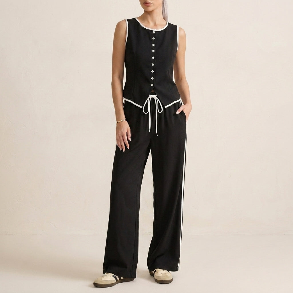 Contrast Trim Two-Piece Set with Relaxed Wide-Leg Pants and Top