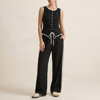 Contrast Trim Two-Piece Set with Relaxed Wide-Leg Pants and Top