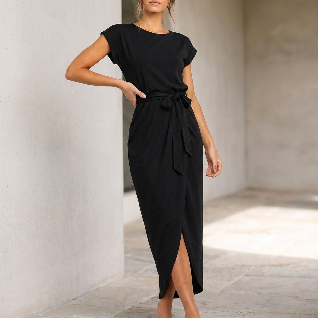 Relaxed Midi Dress with Self-Tie Belt and High Slit
