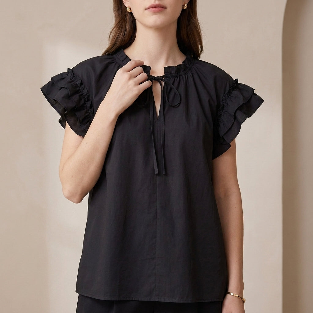 Romantic Ruffle Sleeve Loose Blouse with Tiered Collar Tie Detail
