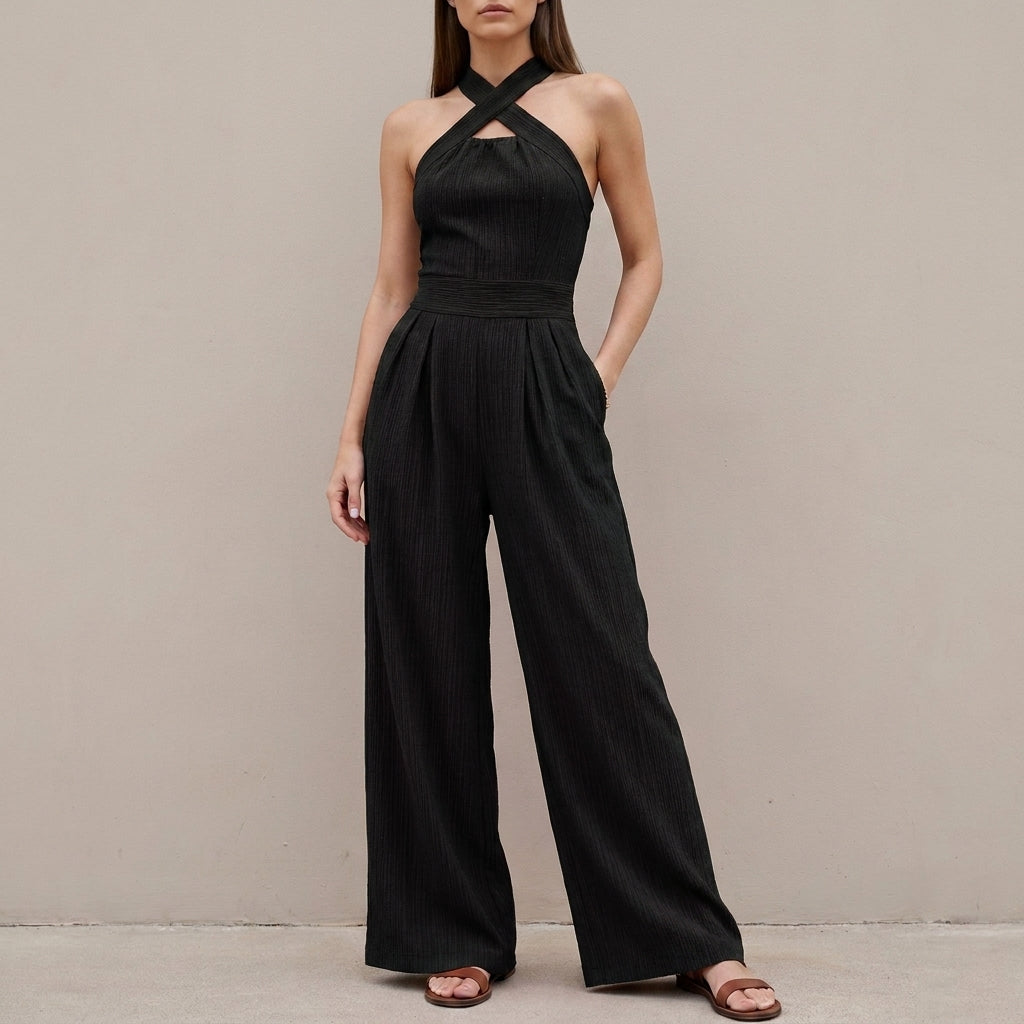 Elegant Cross Halter Wide Leg Jumpsuit