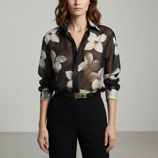Midnight Bloom Sheer Floral Statement Blouse
