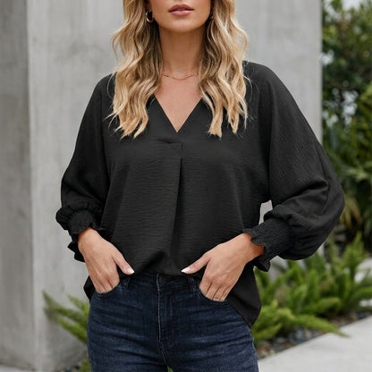 Relaxed V-Neck Blouse with Textured Crinkle and Balloon Sleeves