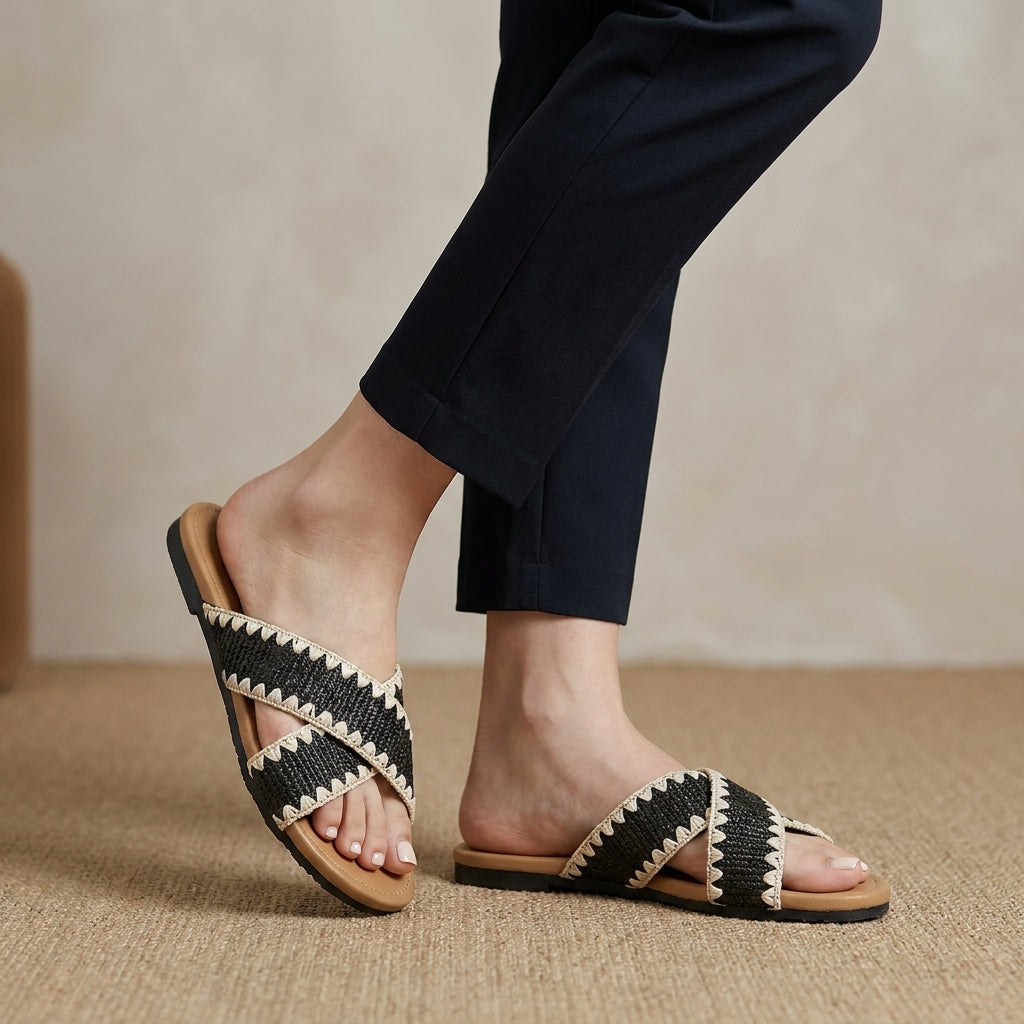 Woven Cross-Strap Slide Sandals with Scalloped Contrast Trim
