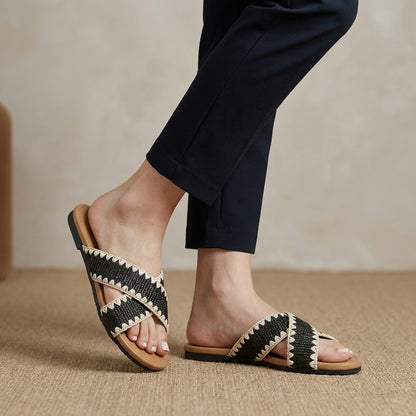 Woven Cross-Strap Slide Sandals with Scalloped Contrast Trim