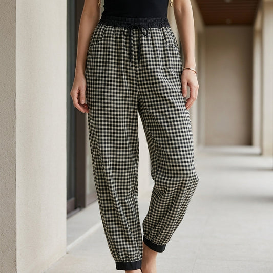 Relaxed Plaid Drawstring Harem Pants with Tapered Ankle Cuff Design