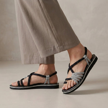 Braided Strappy Sandals with Wrapped Ankle and Contrast Stitching