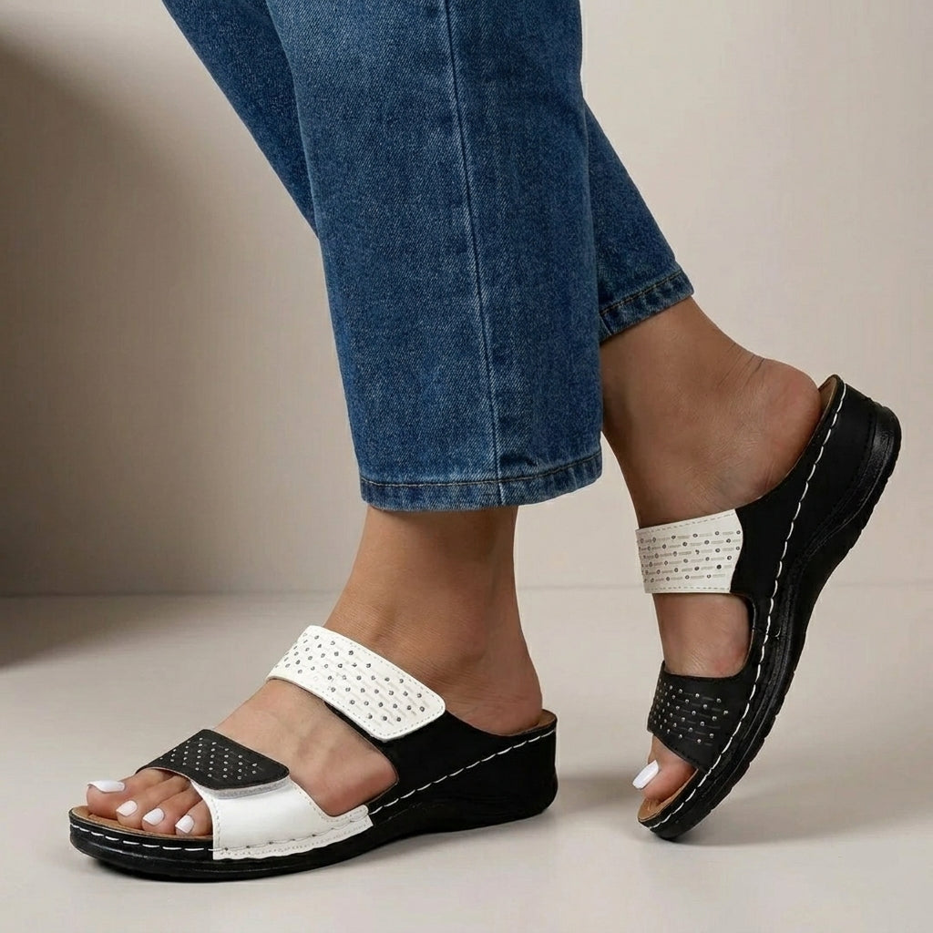 Structured Dual-Strap Wedge Sandals with Laser-Cut Geometric Detail for Relaxed Comfort