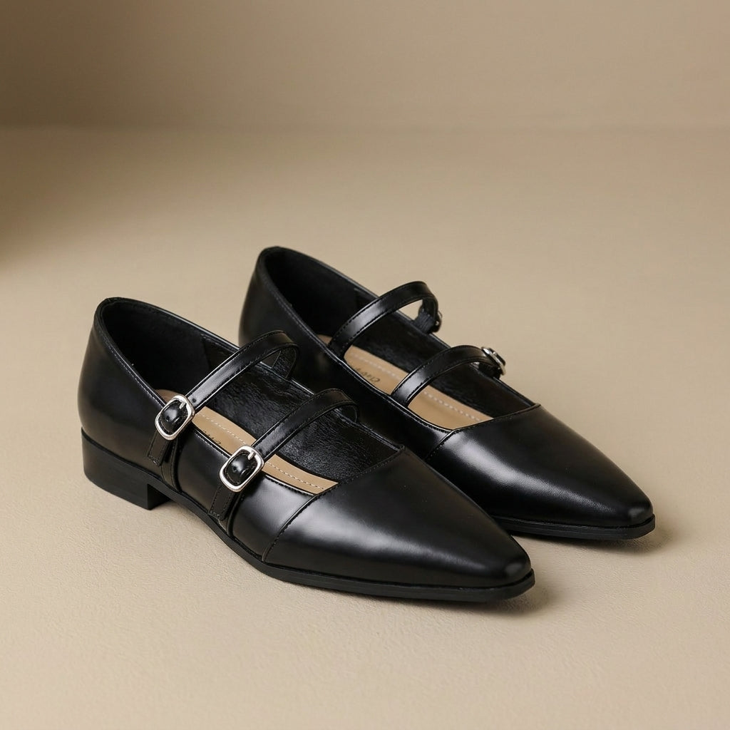 Structured Pointed-Toe Flats with Dual Buckle Straps and Low Heel