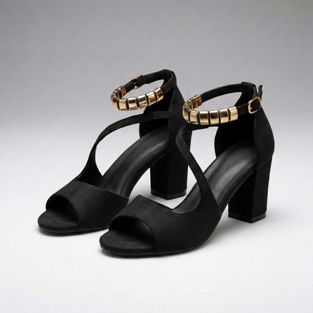 Suede Block Heel Sandals with Embellished Straps and Crossed Silhouette