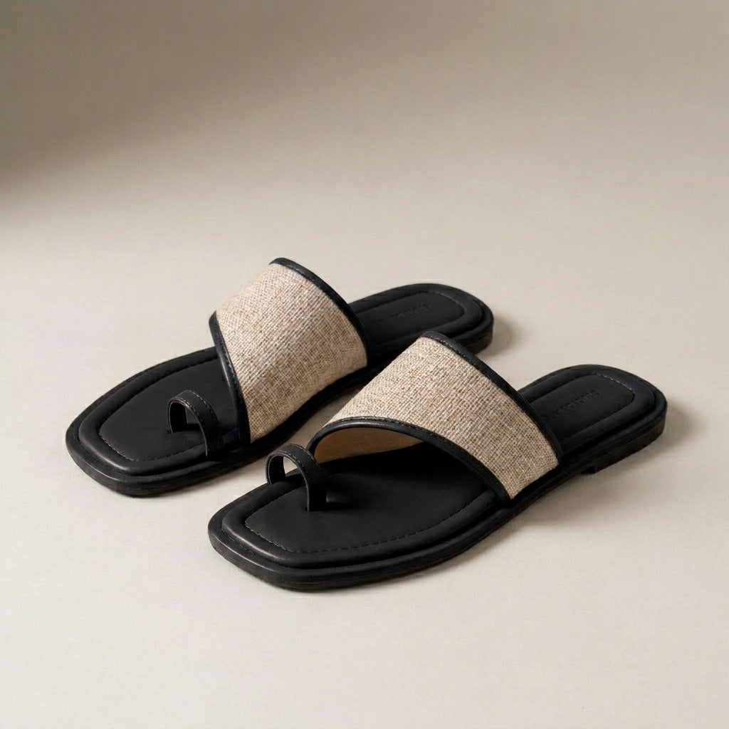 Asymmetrical Woven Toe-Loop Slide Sandals with Cushioned Footbed
