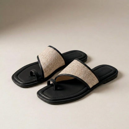 Asymmetrical Woven Toe-Loop Slide Sandals with Cushioned Footbed