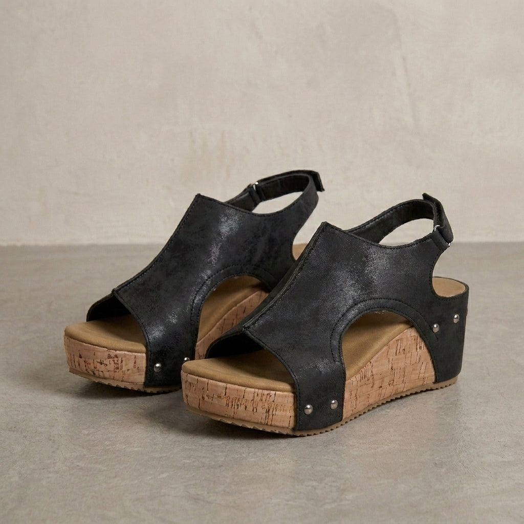 Modern Open-Toe Slip-On Wedge Sandals with Rivet Trim and Cork Platform