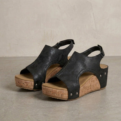 Modern Open-Toe Slip-On Wedge Sandals with Rivet Trim and Cork Platform