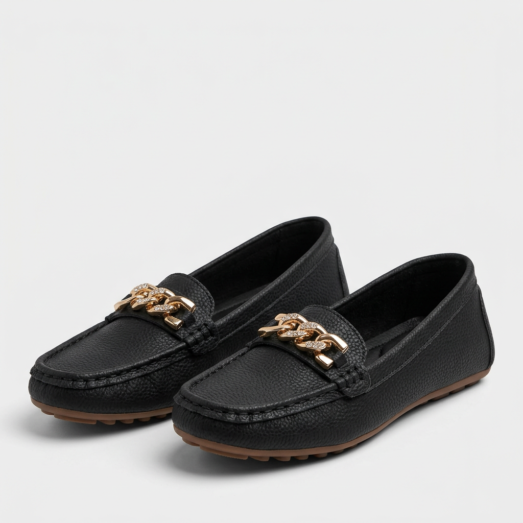 Classic Orthopedic Slip-On Loafers with Gold Chain Accent