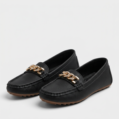 Classic Orthopedic Slip-On Loafers with Gold Chain Accent