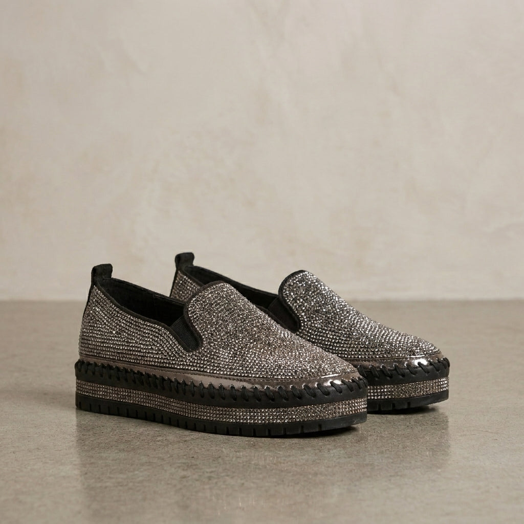 Slip-On Loafers with Rhinestone Embellishment and Platform Sole