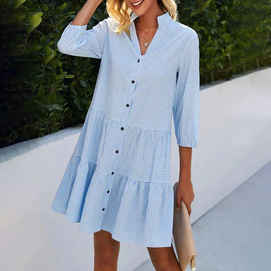 Tiered Gingham Shirt Dress with Mandarin Collar for Breezy Summer Style